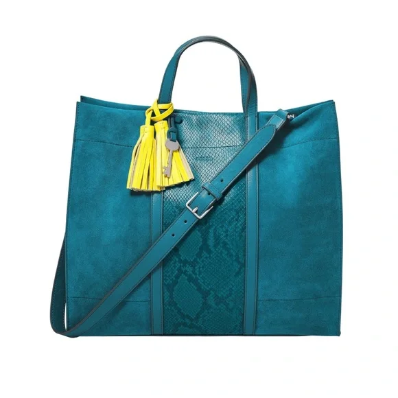 FOSSIL CARMEN LEATHER SHOPPER TOTE - LAGOON (NEW) - Picture 2 of 6